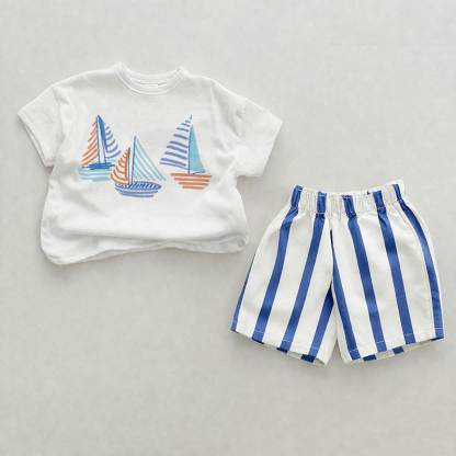 Baby Sailboat Print Blue Vertical Striped 2-piece Shorts Set - White&Blue - 2-3T - image 1