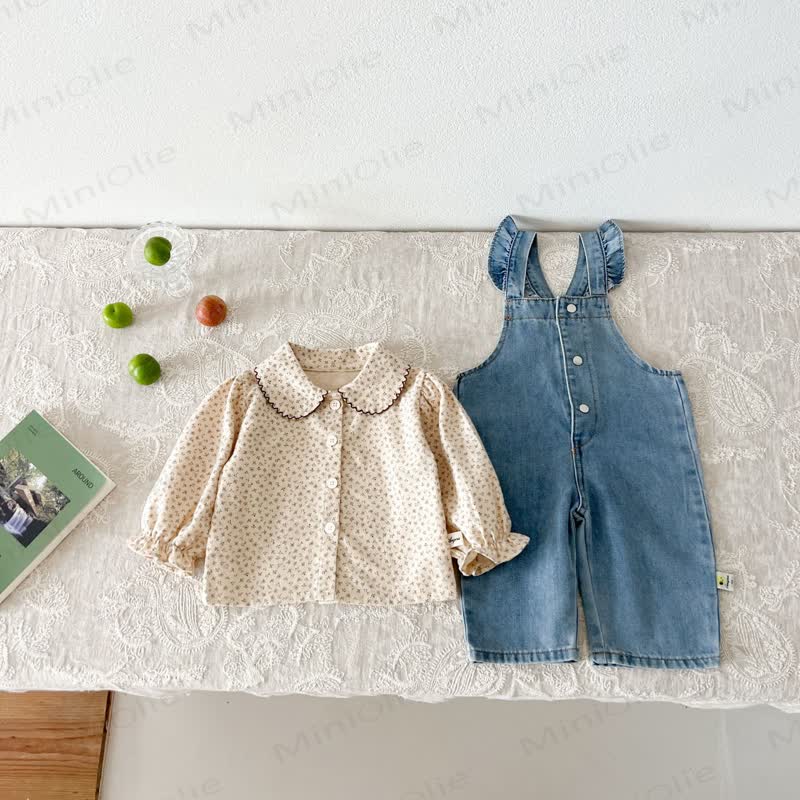 Baby Ruffled Denim Overalls Flower Blouse - image 1