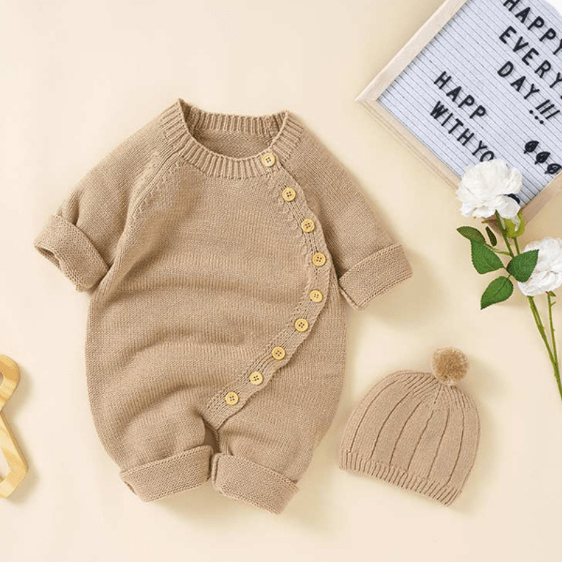 Baby Solid Color Knit Romper with Hat - Khaki - 12-18M - image 7