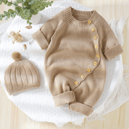 Baby Solid Color Knit Romper with Hat - image 8