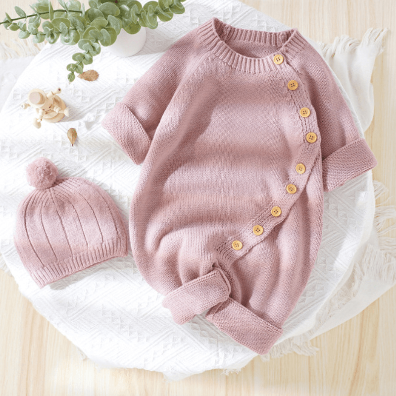 Baby Solid Color Knit Romper with Hat - image 6