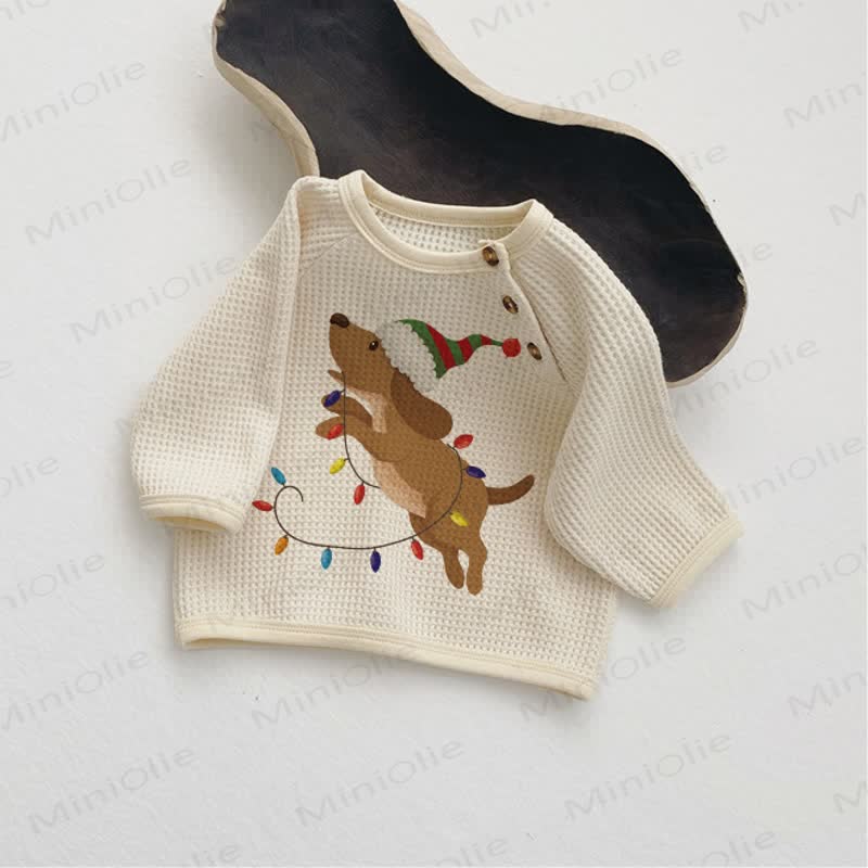 Baby Christmas Jumping Dog Waffle T-shirt - Beige - 18-24M - image 1