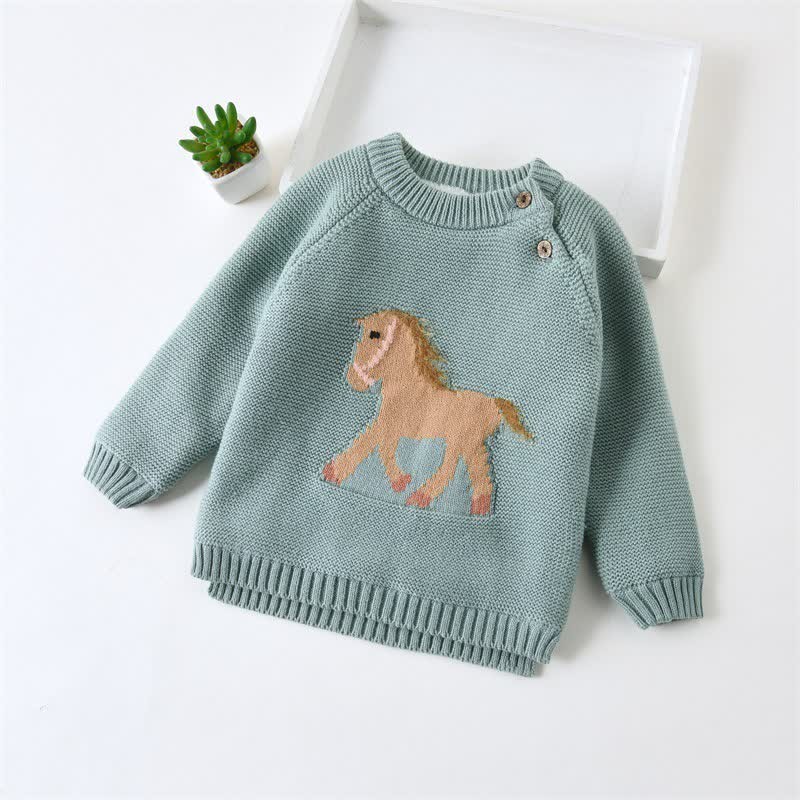 Kid Cute Horse Thicken Knit Sweater - Green - 8Y - image 3