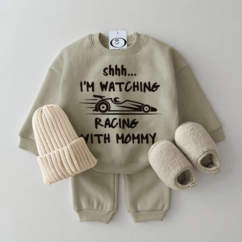 I'M WATCHING RACING WITH MOMMY Baby Sweatshirt 2-piece Set  - Grey Green - 2-3T - image 1