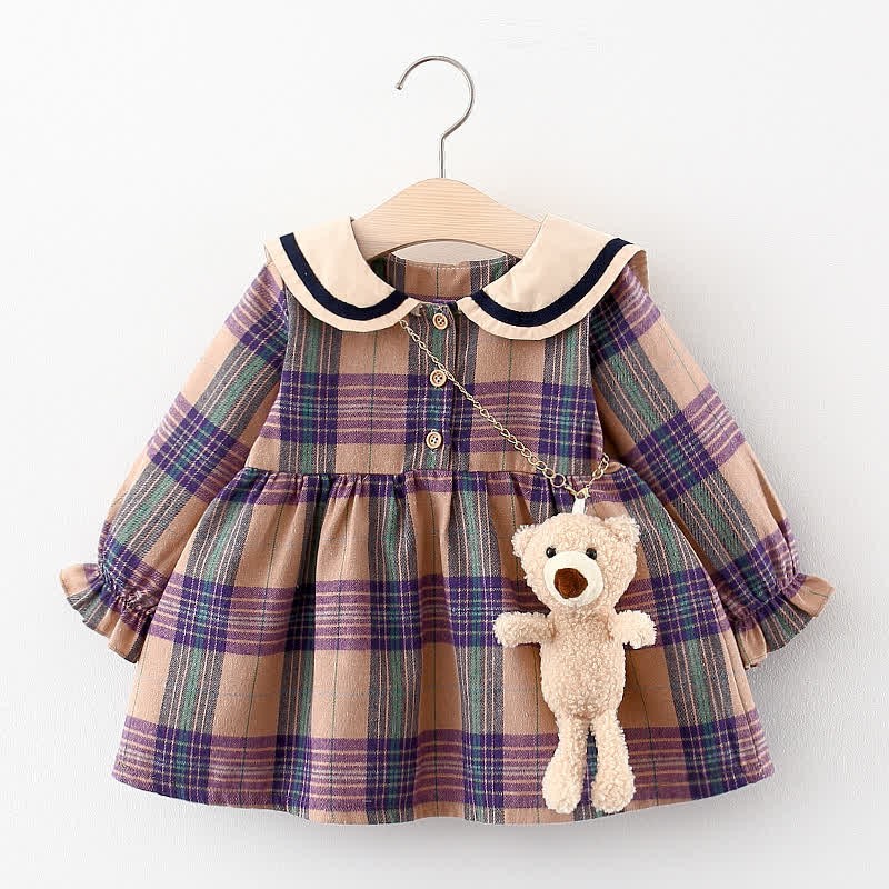 Baby Plaid Dress with Bear Doll - Purple - 2-3T - image 1