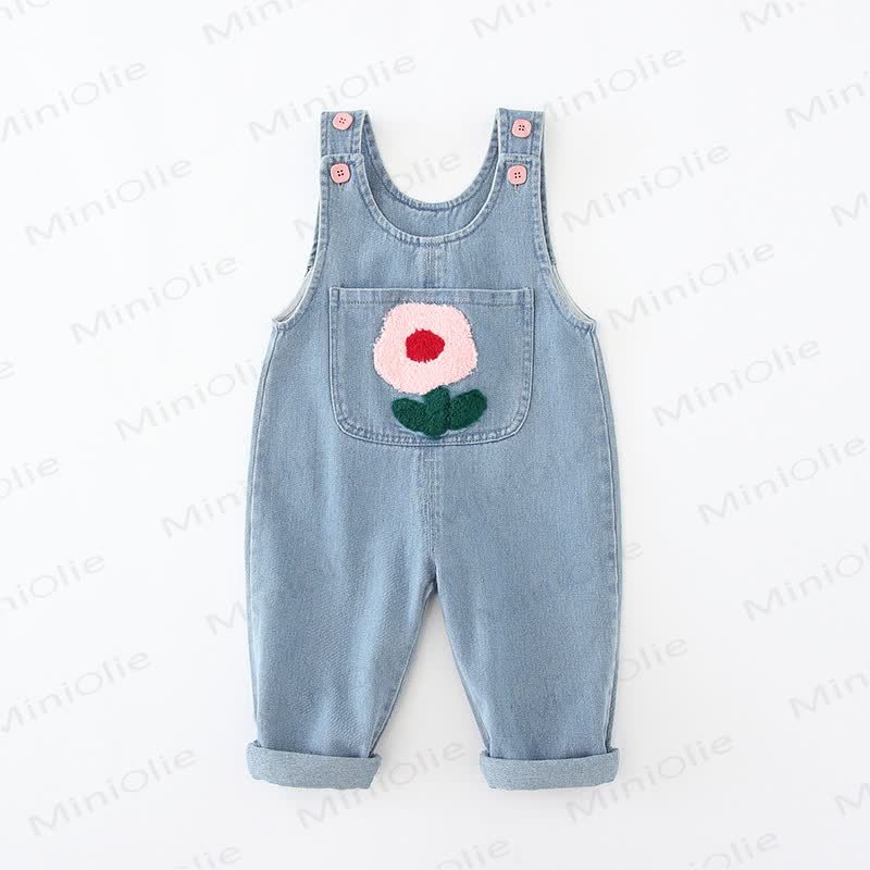 Toddler Embroidered Flower Pocket Denim Overalls - image 4