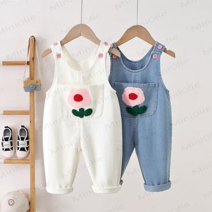 Toddler Embroidered Flower Pocket Denim Overalls - image 1