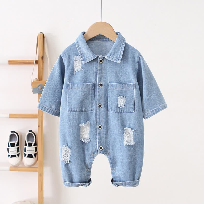 Baby Hole Denim Pocket Romper - Blue - 2-3T - image 1
