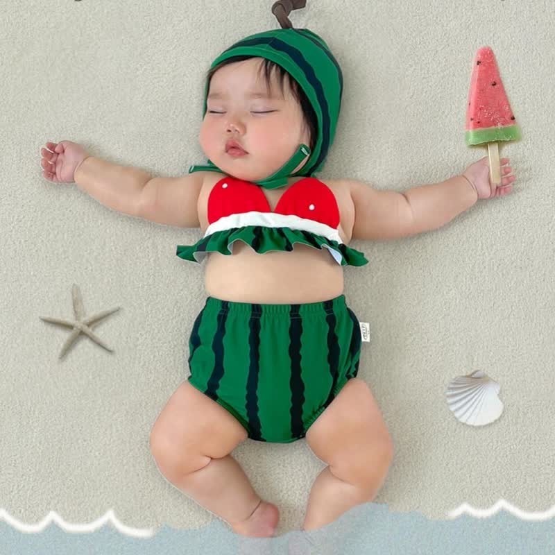 Baby Girl Watermelon 2-piece Swimsuit with Hat - image 5