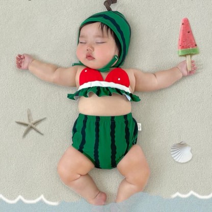 Baby Girl Watermelon 2-piece Swimsuit with Hat - image 5