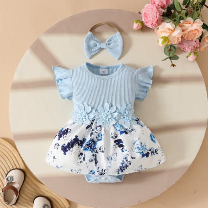 Baby Floral Butterfly Bodysuit with Headband - Blue - 12-18M - image 19