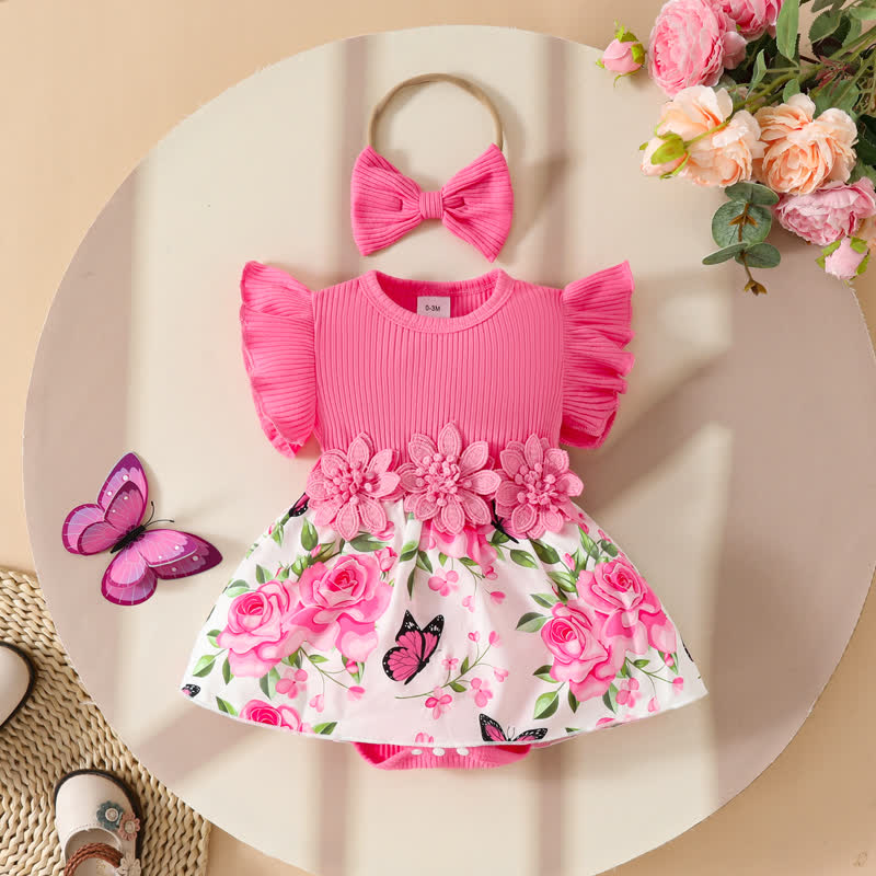 Baby Floral Butterfly Bodysuit with Headband - Pink - 12-18M - image 1