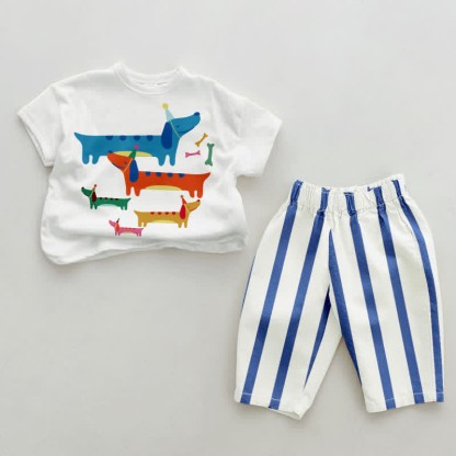 Baby Dachshund Blue Vertical Striped 2-piece Set - White&Blue - 2-3T - image 1