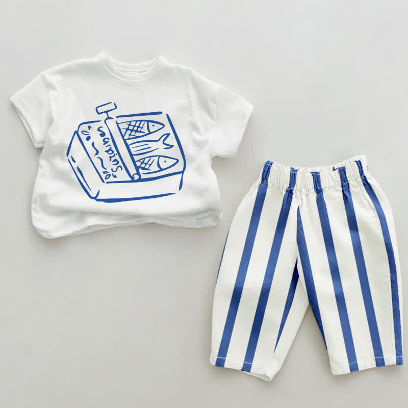 Baby Canned Sardines Blue Vertical Striped 2-piece Set - White&Blue - 2-3T - image 1