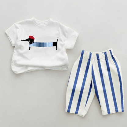 Baby 2-Piece Cute Dachshund Blue Striped Set - White&Blue - 2-3T - image 1