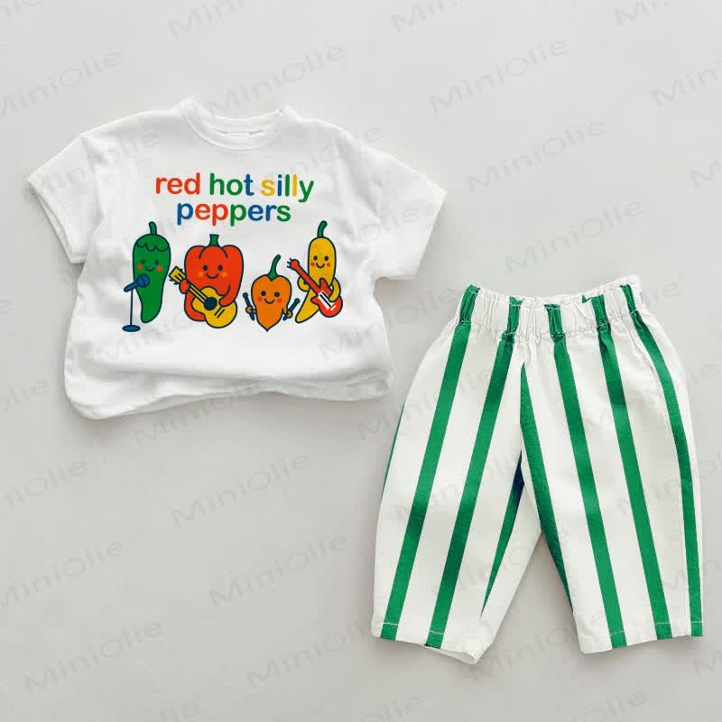 RED HOT SILLY PEPPERS Baby Green/Red Vertical Striped 2-piece Set - White&Green - 2-3T - image 1 - image 2