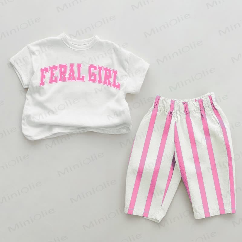 FERAL GIRL Baby Pink Vertical Striped 2-piece Set - White&Pink - 2-3T - image 1