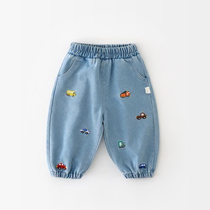 Baby Denim Embroidered Vehicle Pants - Blue - 2-3T - image 1