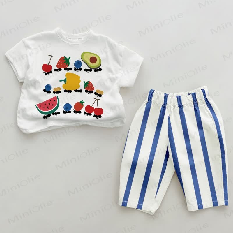 Baby Ant Fruit Vertical Striped 2-piece Set - White&Blue - 2-3T - image 1