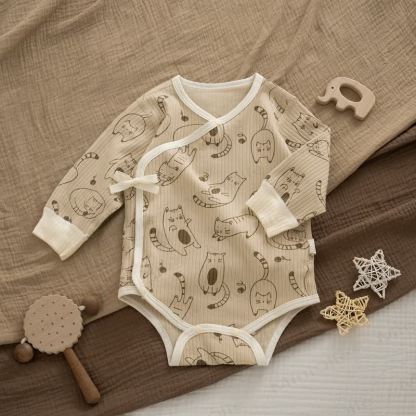 Baby Newborn Cat Ribbed Kimono Bodysuit - Khaki - 12-18M - image 1