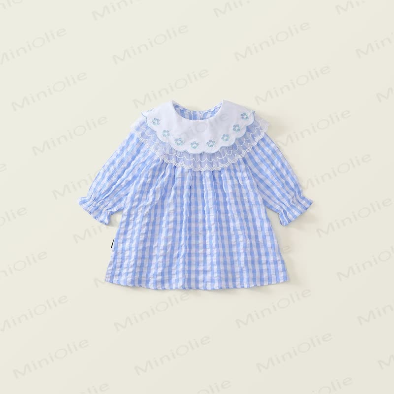 Toddler Blue Plaid Flower Lace Lapels Dress - Blue - 10Y - image 1