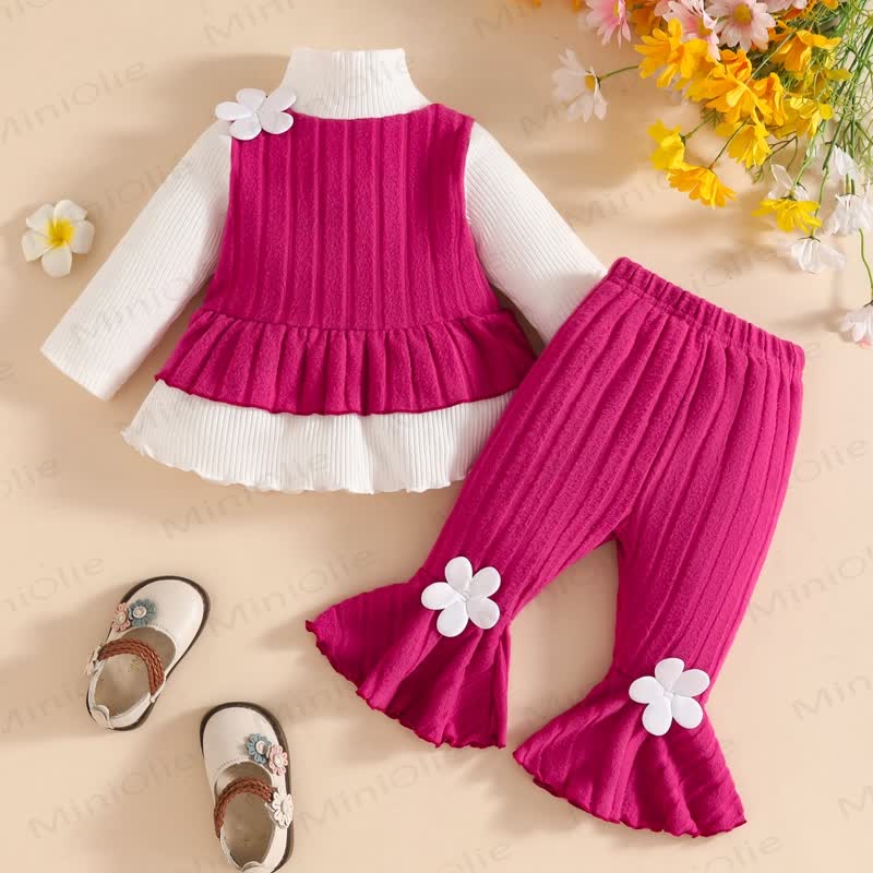Toddler Girls Flower Top and Pants 2-piece Set - Rose Red - 3Y - image 1