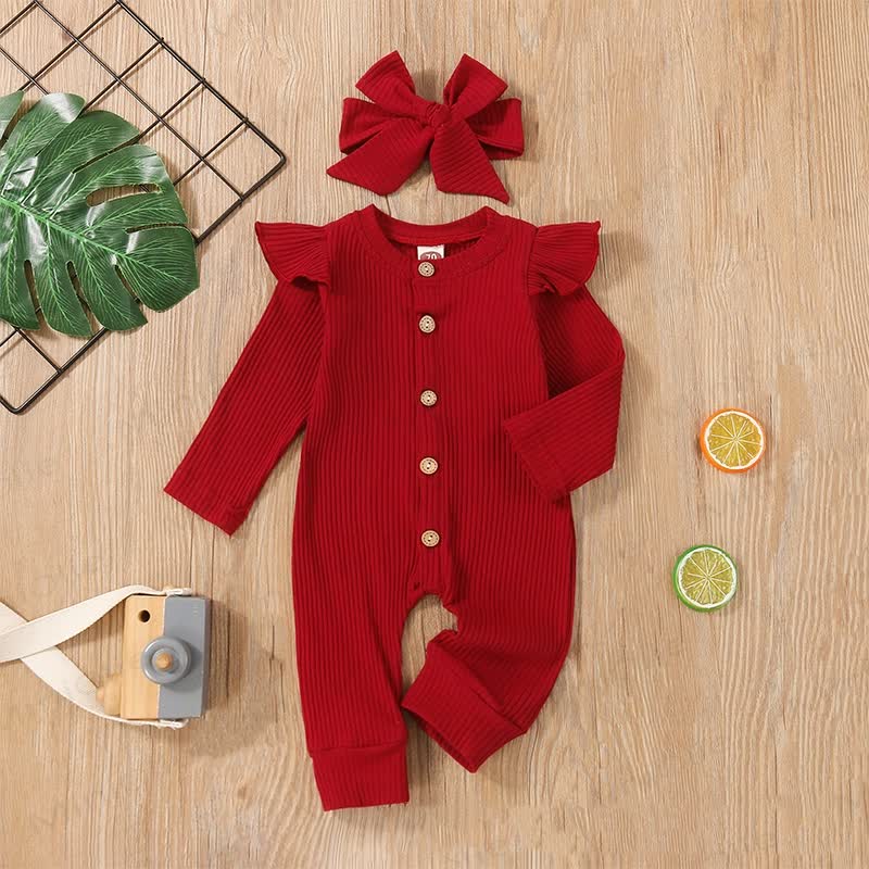 Baby Solid Color Romper with Bowknot Headband - Red - 2-3T - image 1