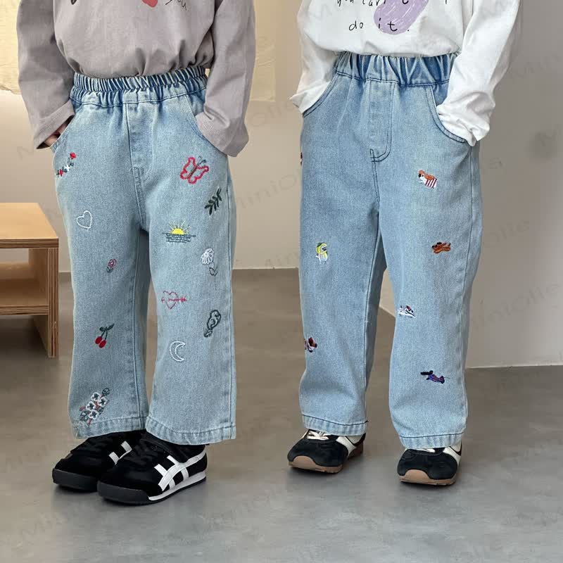 Baby Toddler Animal Plant Embroidered Denim Pants - image 1