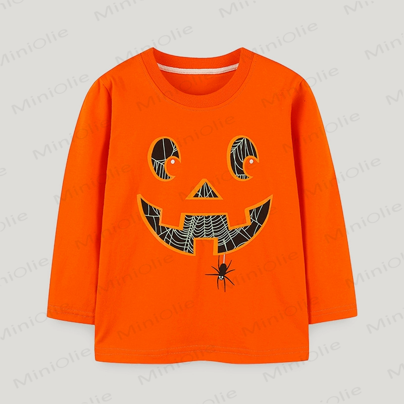 Kid Boy Pumpkin Grimace Spider Web T-Shirt - Orange - 7Y - image 1