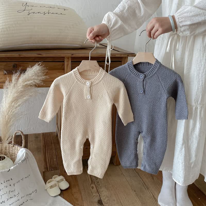 Baby Solid Color Knitted Romper - image 1