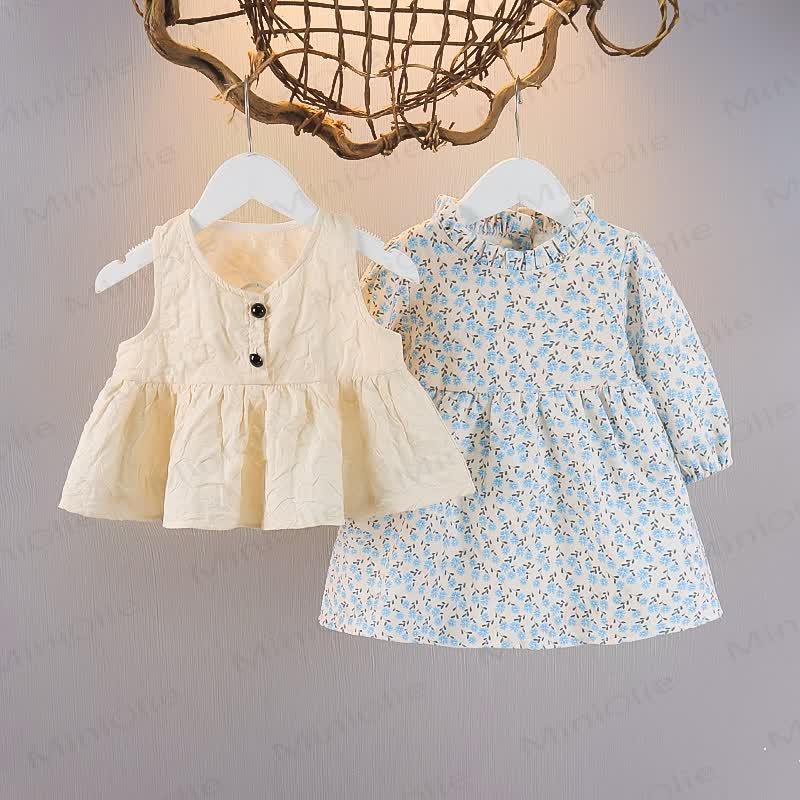Baby Toddler 2-Piece Set Floral Dress - Beige&Bule - 5-7T - image 1