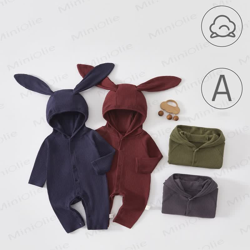Baby Solid Color Rabbit Ear Hooded Romper - image 1
