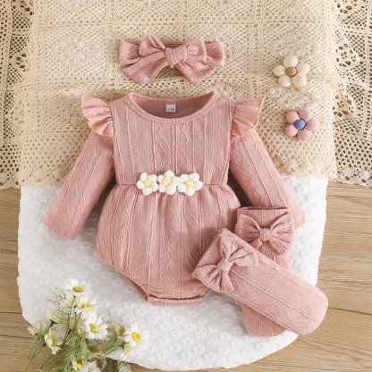 Baby Flower Bodysuit Headband Socks - Pink - 12-18M - image 11
