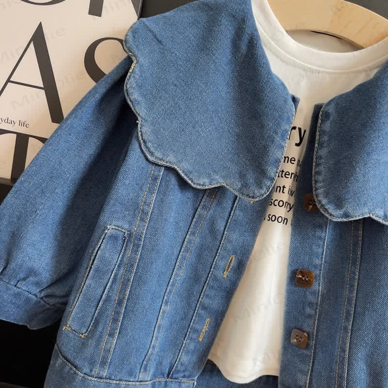 Kid Girl Lapel Blue Denim Jacket - image 2