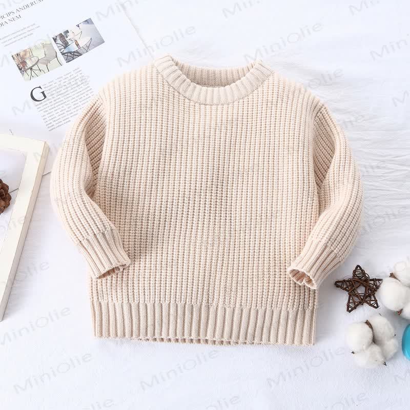 Kid Solid Color Crew Neck Knitted Sweater - Beige - 8Y - image 4