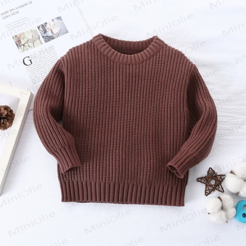 Kid Solid Color Crew Neck Knitted Sweater - Coffee - 8Y - image 8