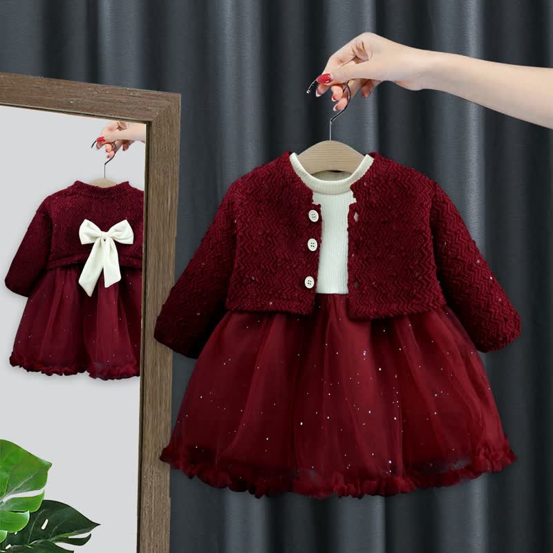 Baby Ribbed Mesh Dress and Cardigan - Red - 2-3T - image 1