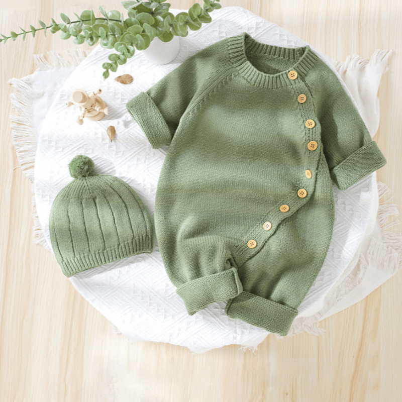 Baby Solid Color Knit Romper with Hat - image 1
