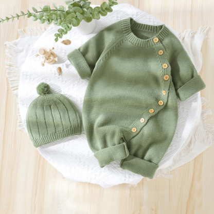 Baby Solid Color Knit Romper with Hat - image 1