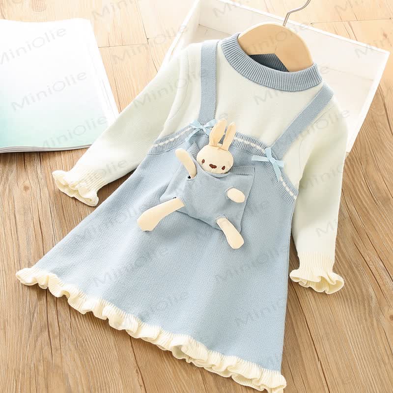 Toddler Girl Bow Bunny Knitted Dress - Blue - 8Y - image 3