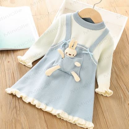 Toddler Girl Bow Bunny Knitted Dress - Blue - 8Y - image 3