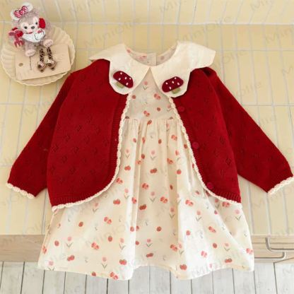 Toddler Girl Mushroom Strawberry Red Knitted Cardigan/Beige Dress - Red Cardigan - 6.5T-8T - image 2