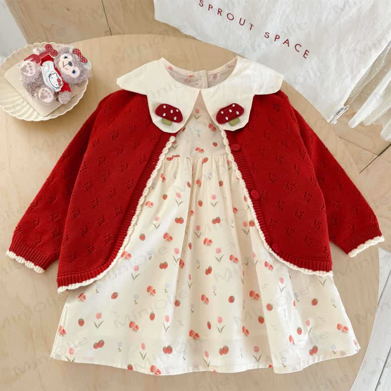 Toddler Girl Mushroom Strawberry Red Knitted Cardigan/Beige Dress - 2-Piece Set - 6.5T-8T - image 1
