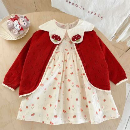Toddler Girl Mushroom Strawberry Red Knitted Cardigan/Beige Dress - 2-Piece Set - 6.5T-8T - image 1