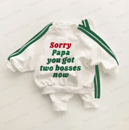 SORRY PAPA YOU GOT TWO BOSSES NOW Baby Toddler Green Striped 2-piece Set - White&Green - 3-5T - image 1