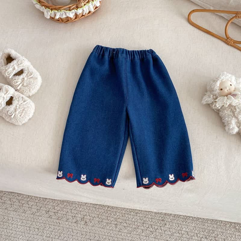 Baby Toddler Embroidered Bunny Bow Fleece Denim Pants - Blue - 5-7T - image 1