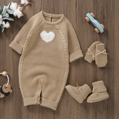 Baby Heart Knit Romper with Socks Gloves - Khaki - 12-18M - image 1