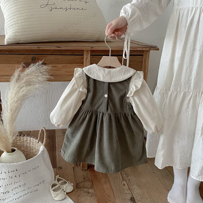 Toddler Girl Cord Bow Green Sleeveless Dress/Beige Baby Collar Top - image 3