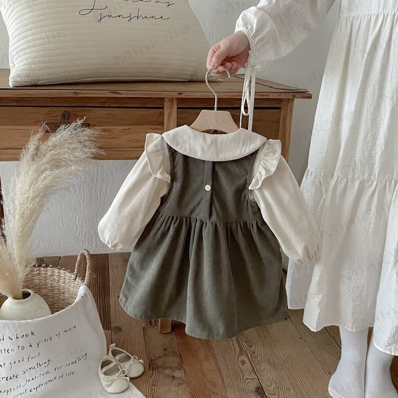 Toddler Girl Cord Bow Green Sleeveless Dress/Beige Baby Collar Top - image 3