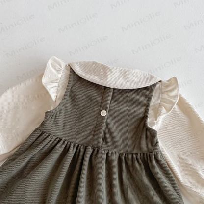 Toddler Girl Cord Bow Green Sleeveless Dress/Beige Baby Collar Top - image 7